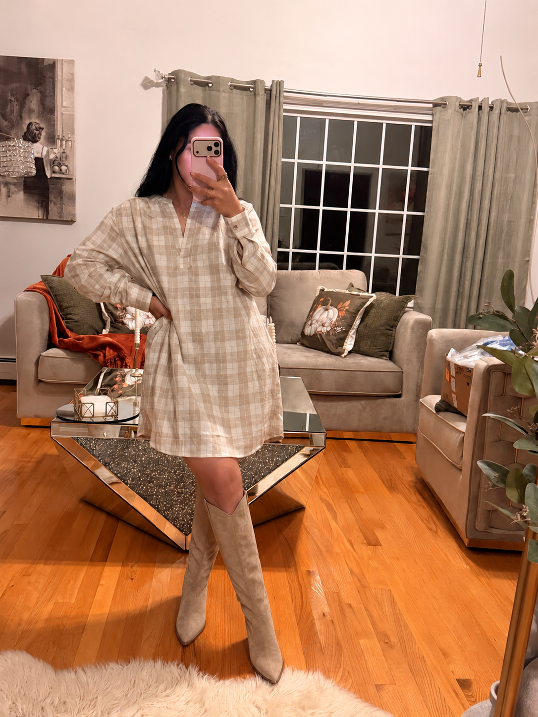 The Beige Checkered Shirt Dress