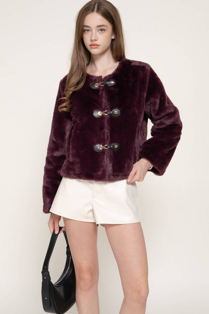 Long Sleeve Round Neck Toggle Faux Fur Jacket