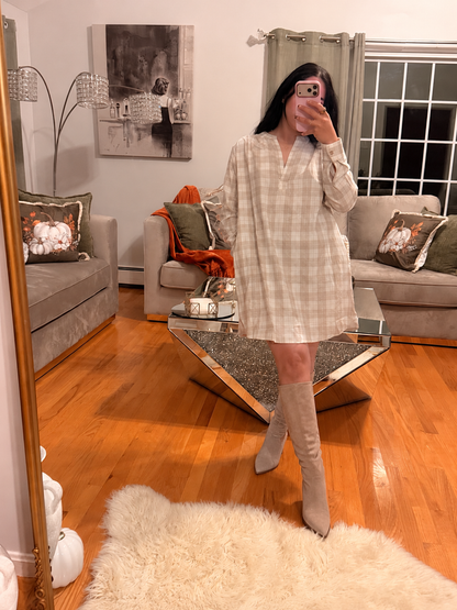 The Beige Checkered Shirt Dress