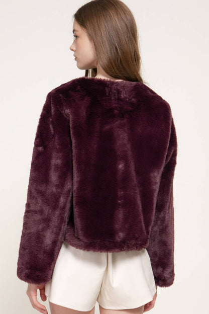 Long Sleeve Round Neck Toggle Faux Fur Jacket