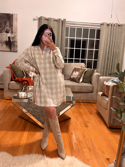 The Beige Checkered Shirt Dress