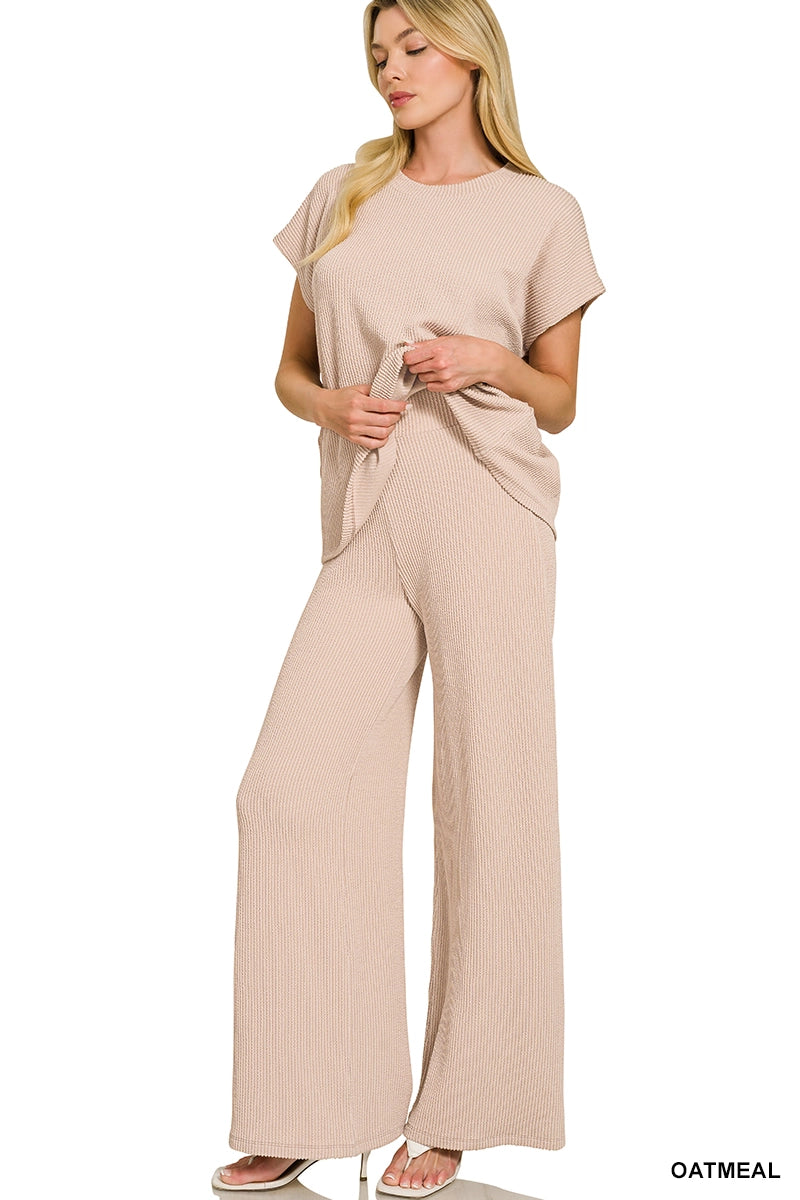 Zenana Oatmilk Ribbed Lounge Set