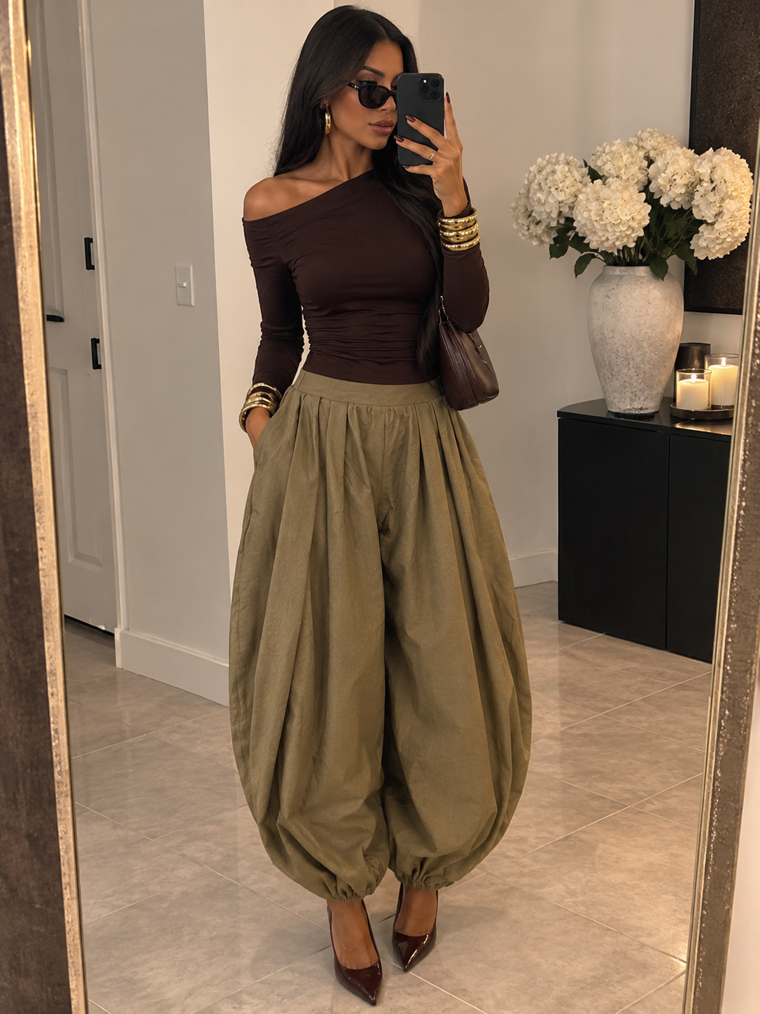 Wide Balloon Hem Long Pants