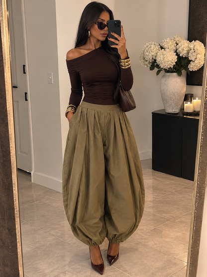 Wide Balloon Hem Long Pants