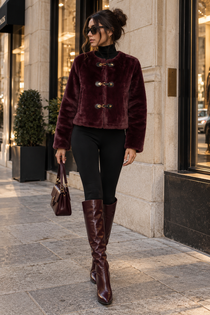 Long Sleeve Round Neck Toggle Faux Fur Jacket