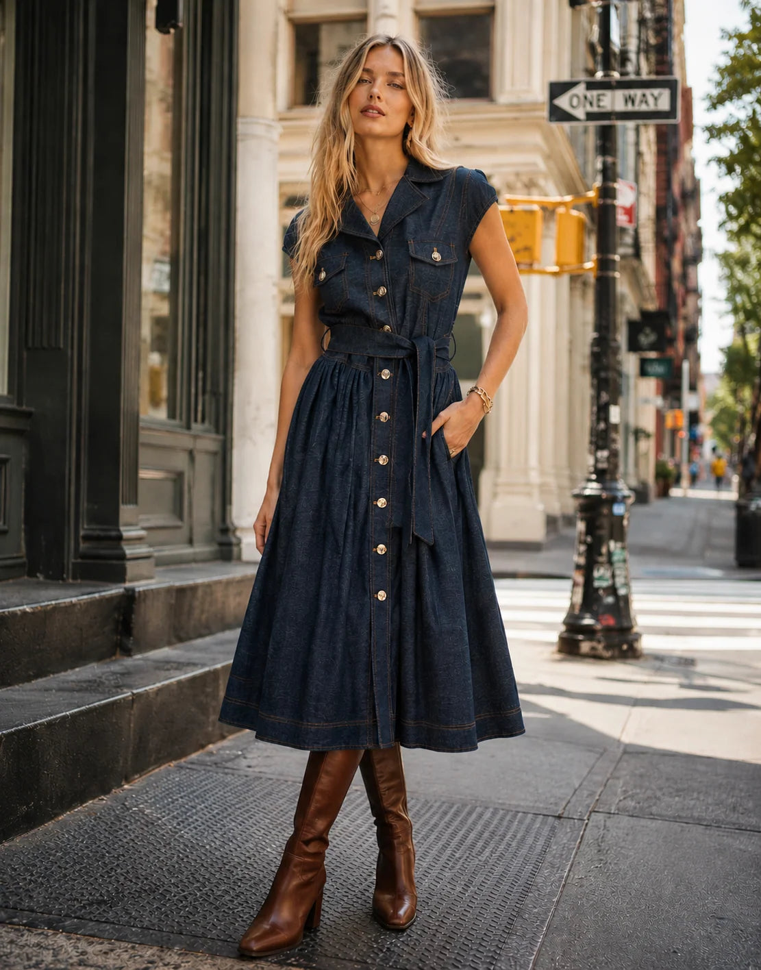 Button-Up Denim Midi Dress