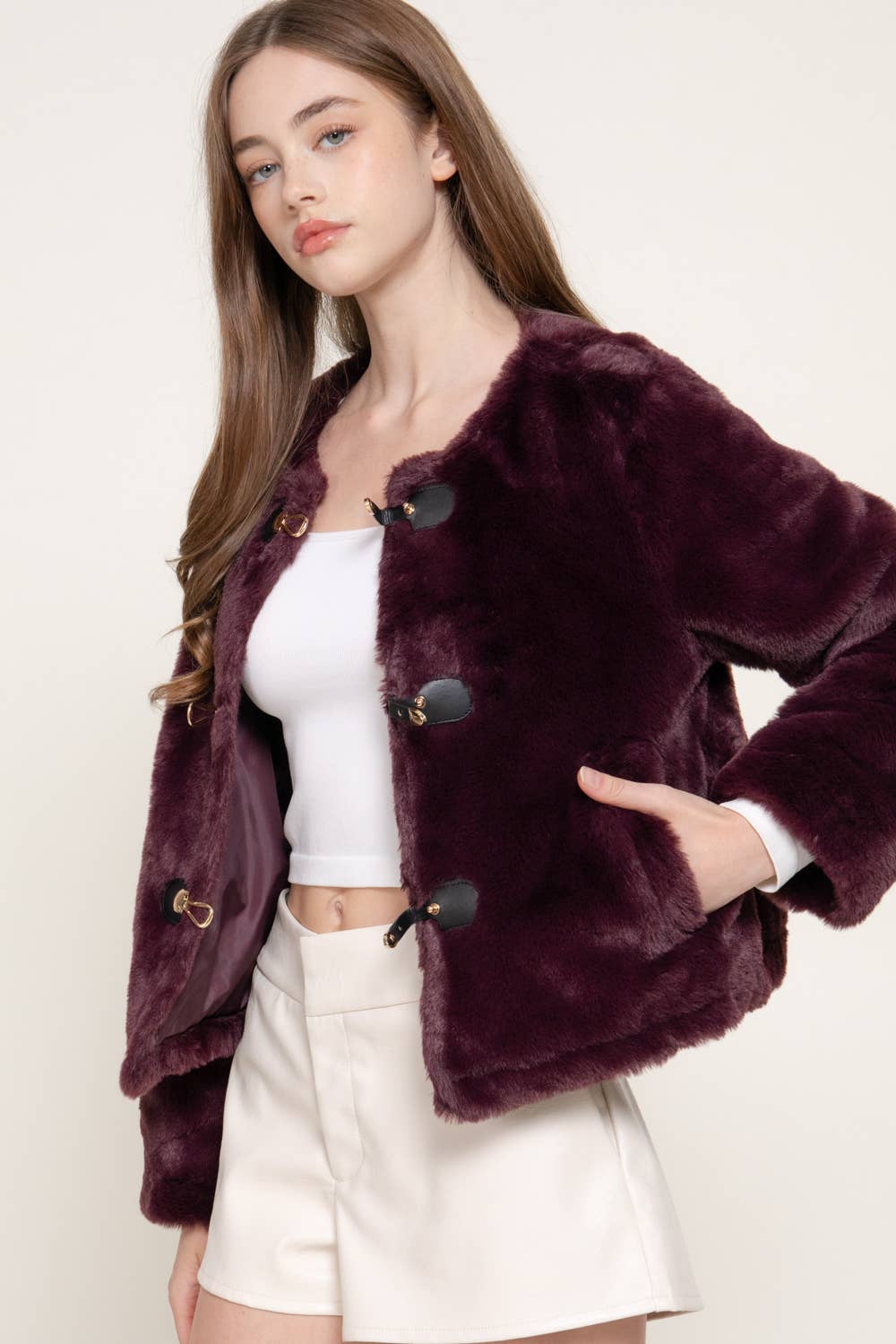 Long Sleeve Round Neck Toggle Faux Fur Jacket