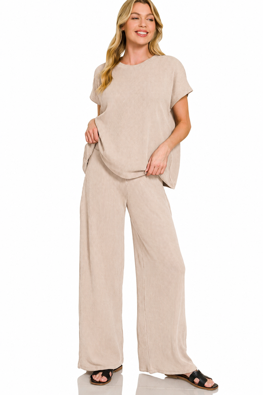 Zenana Oatmilk Ribbed Lounge Set